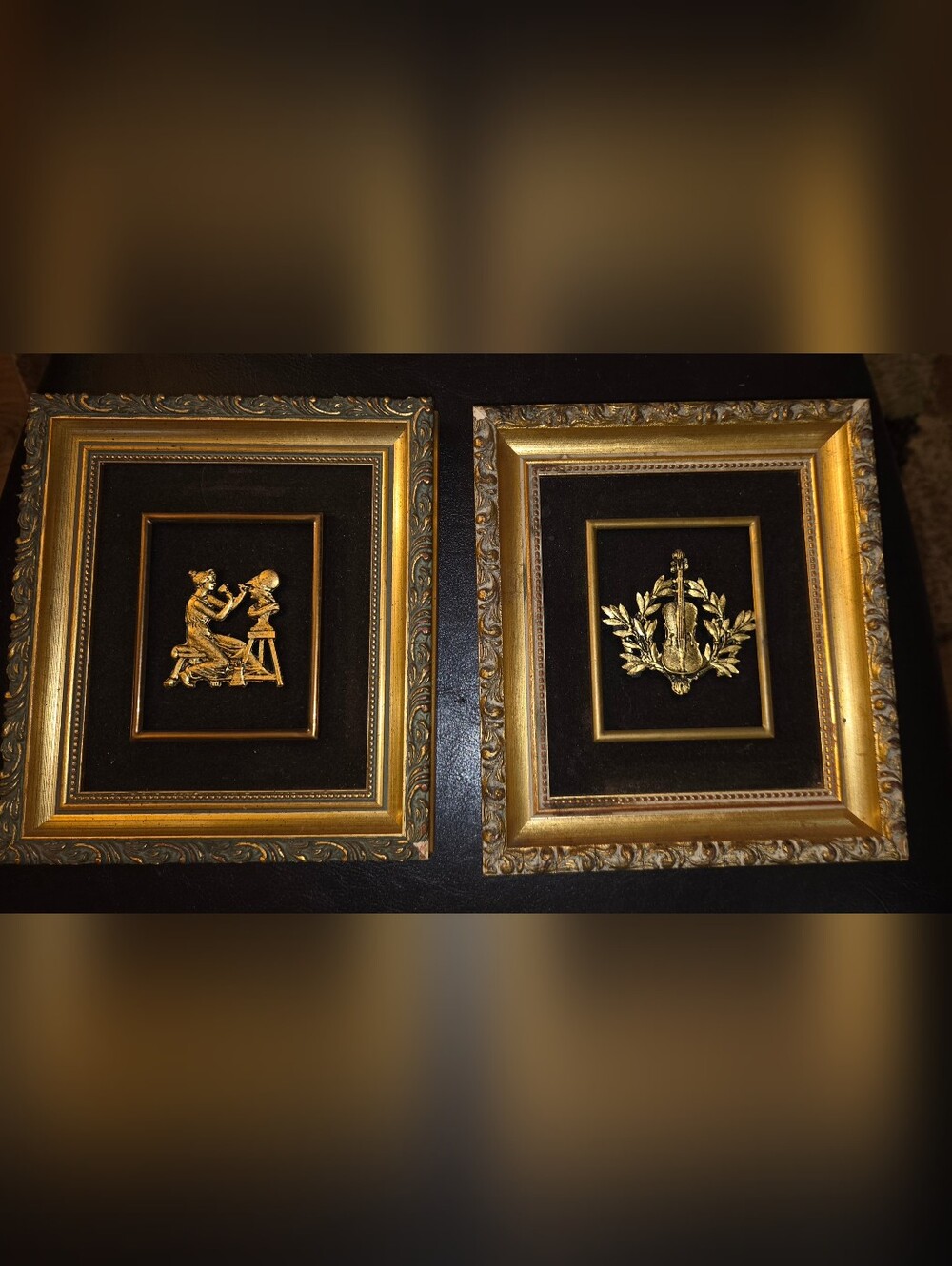 Vintage Spanish Damascene Gold Tone-plated Miniature Framed Art Pieces